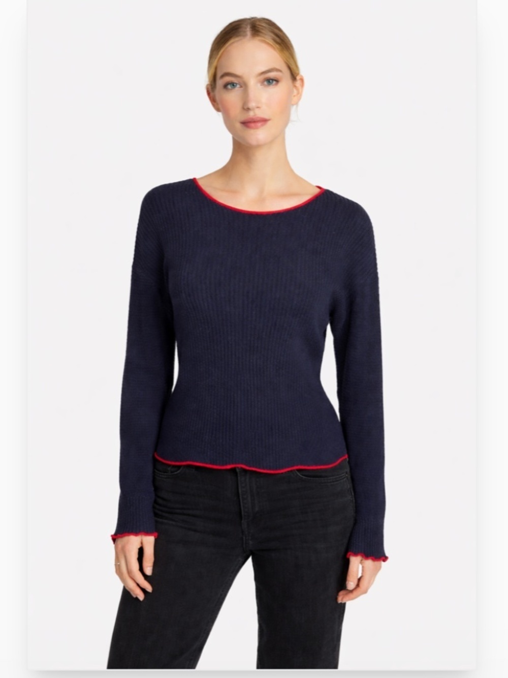 RAG & BONE Crewneck Long Sleeve Ribbed Sweater Navy Red Hem Size Medium